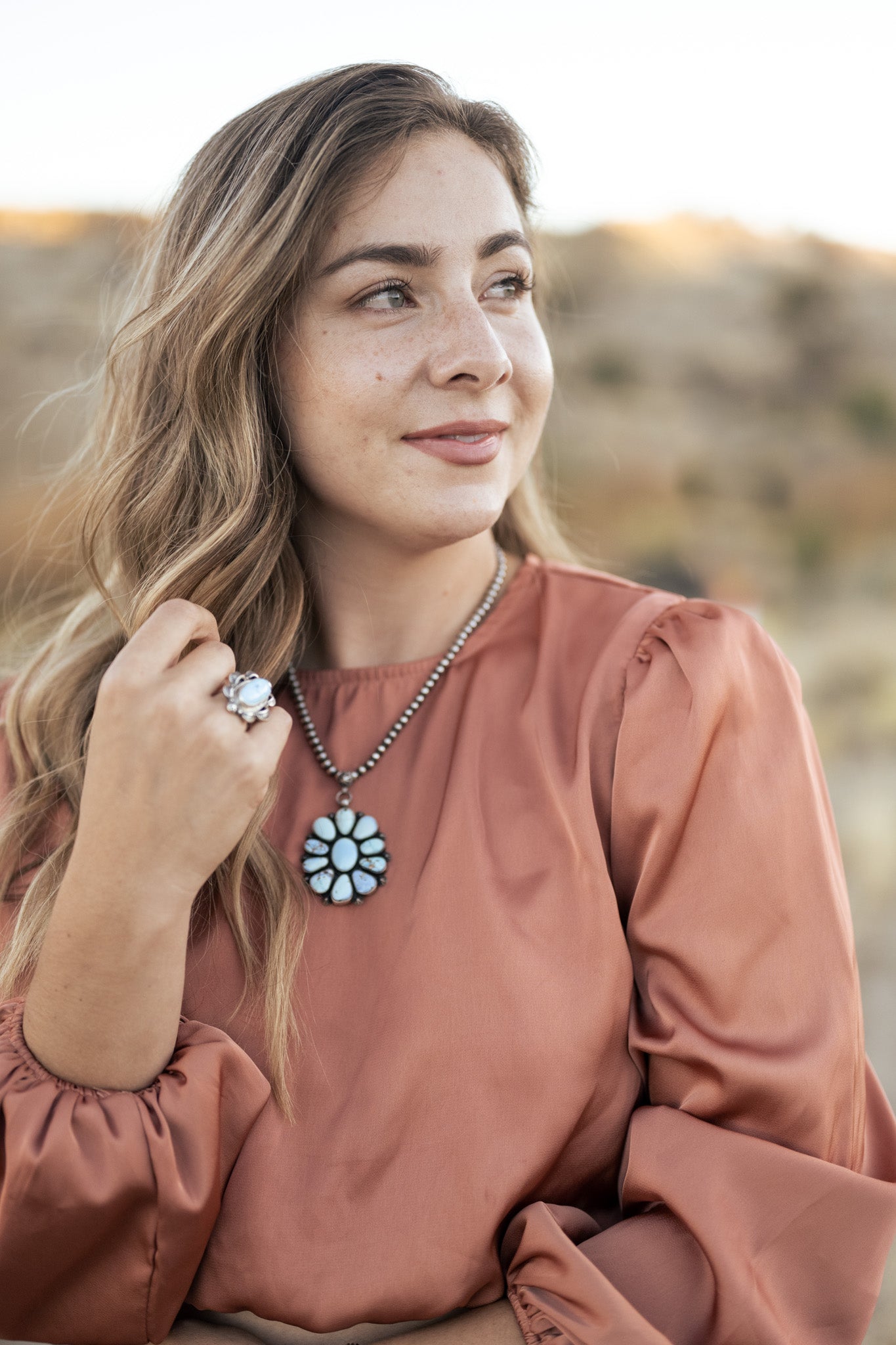 Large Flower Golden Hills Turquoise Pendant by Tim Smith
