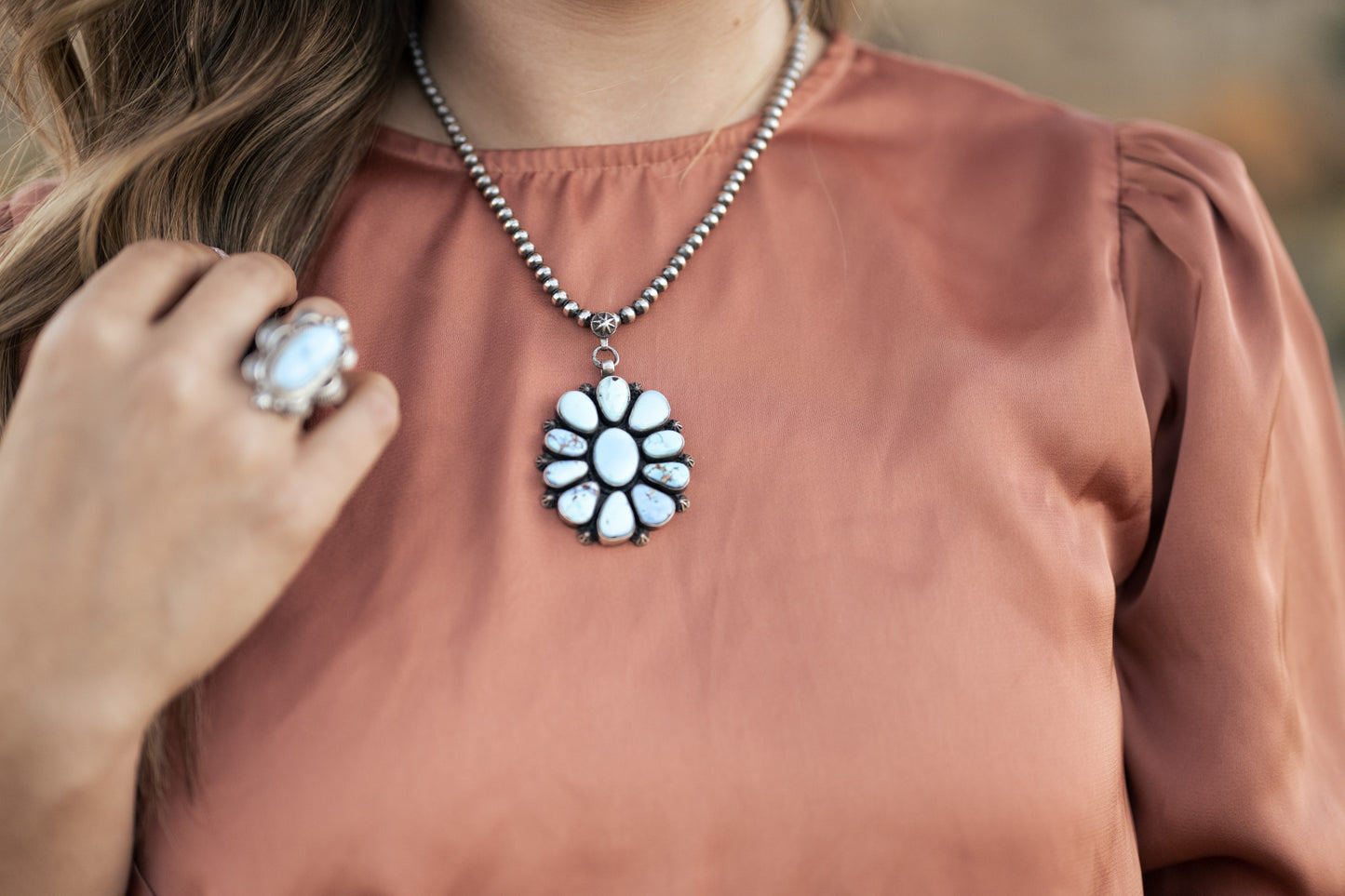 Large Flower Golden Hills Turquoise Pendant by Tim Smith