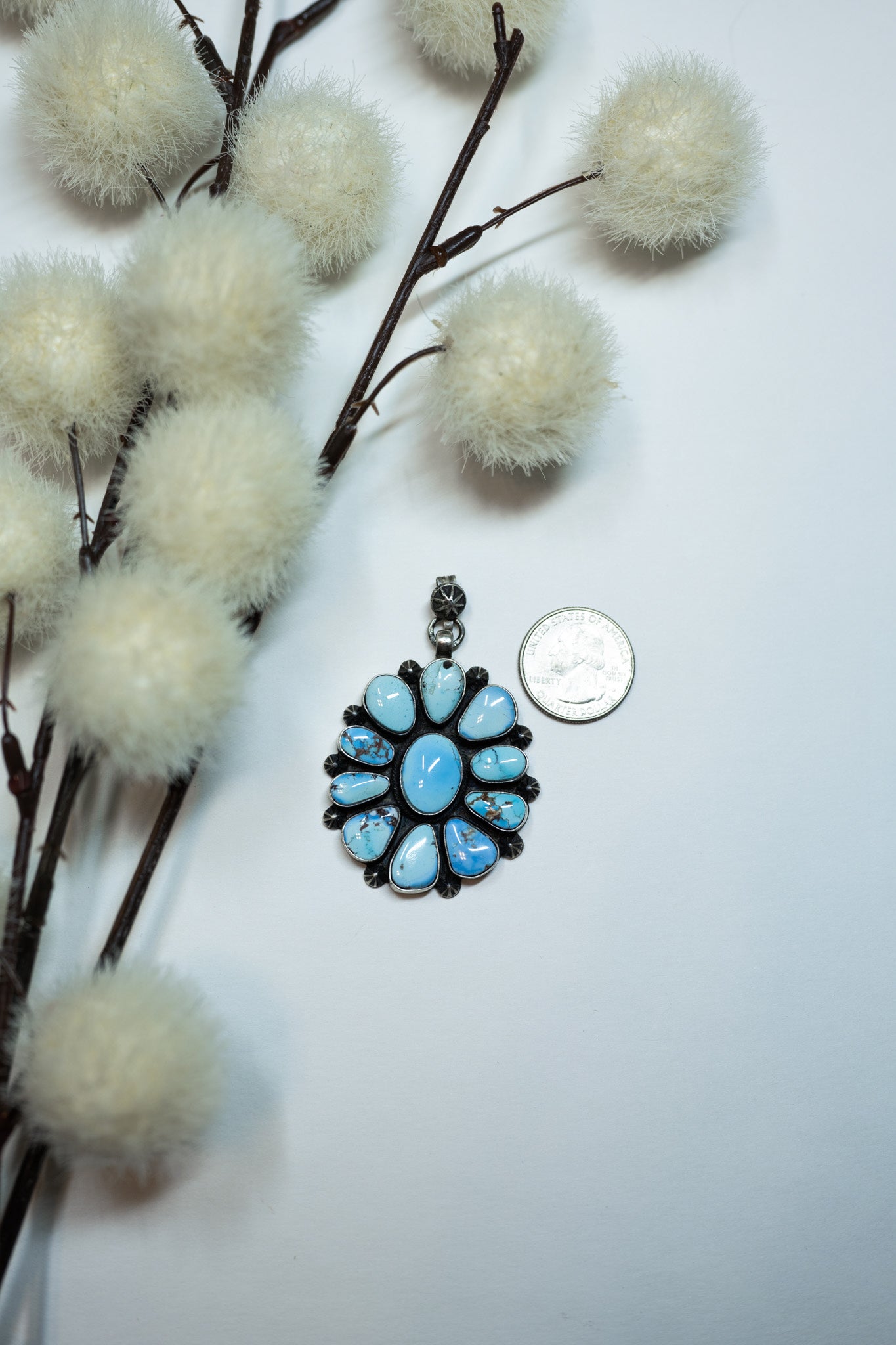 Large Flower Golden Hills Turquoise Pendant by Tim Smith