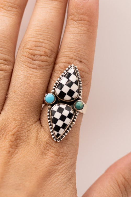 Checkered and Turquoise Ring | Adjustable