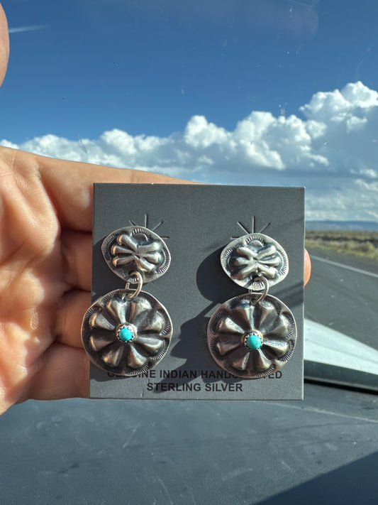 Silver stamped earrings with turquoise
