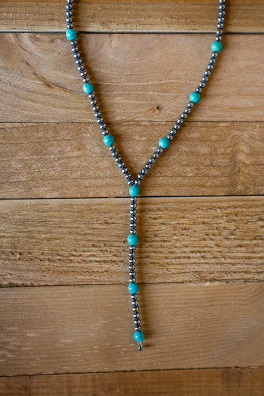 Navajo Pearl and Sleeping Beauty Turquoise Bead Lariat Necklace 18” 4 MM