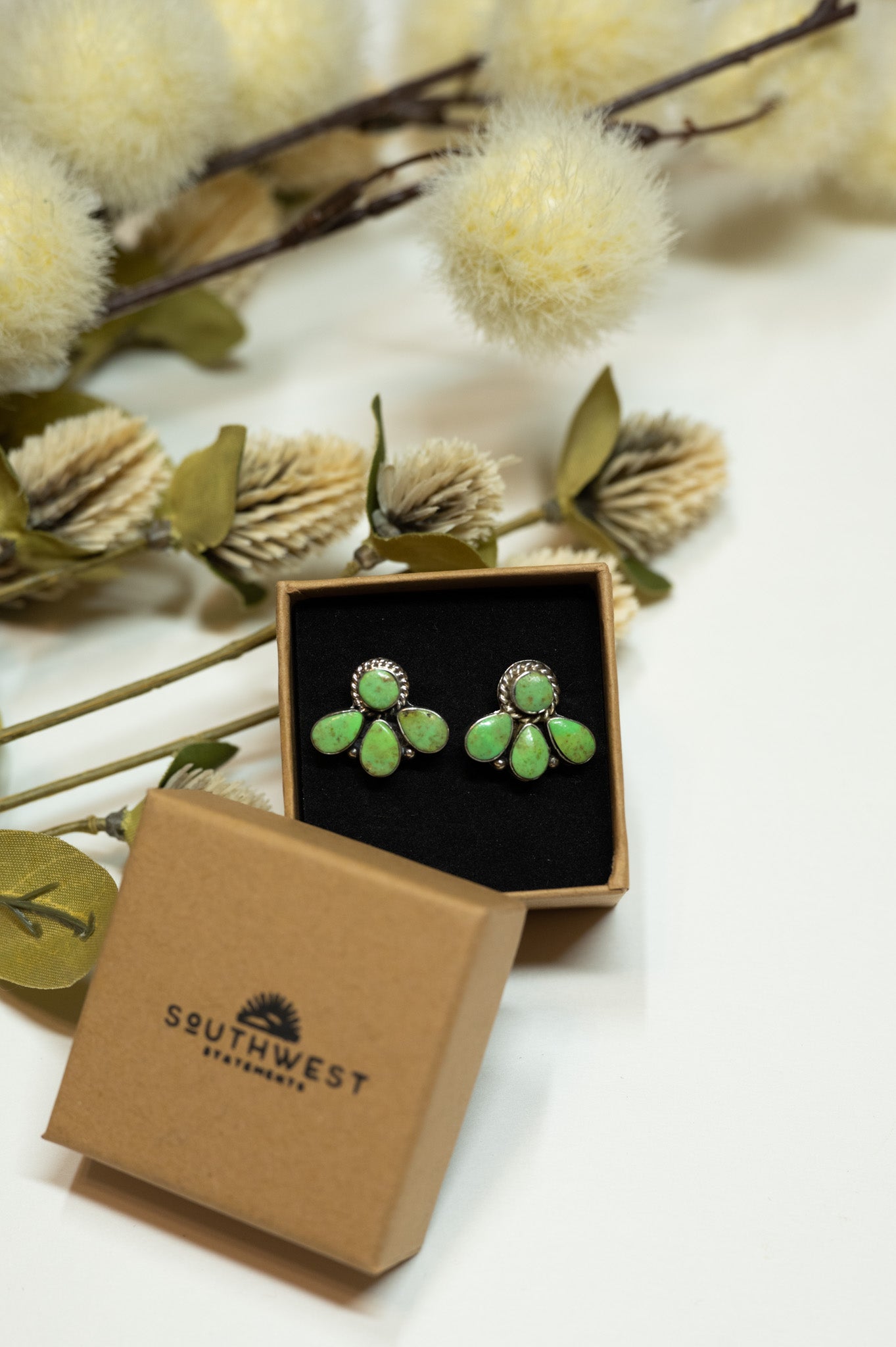 Half Cluster Green Sonoran Gold Stud Earrings