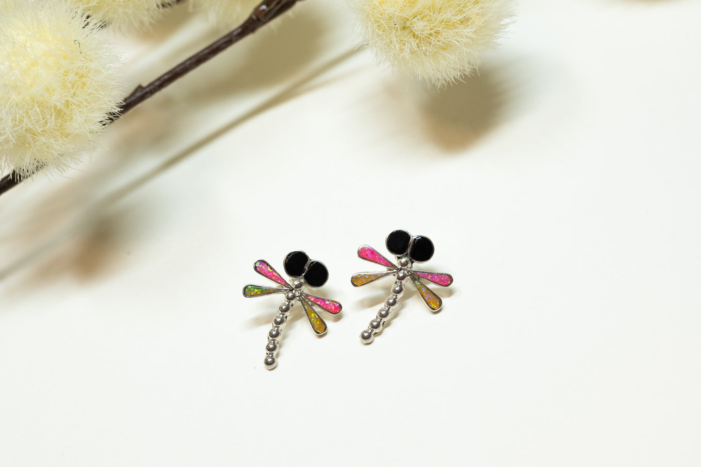 Zuni Dragonfly Stud Earrings Pink & Yellow