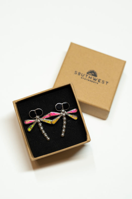 Zuni Dragonfly Stud Earrings Pink & Yellow