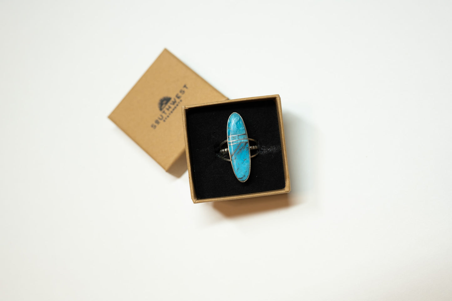 Oval Turquoise and Silver Inlay Ring | Size 7