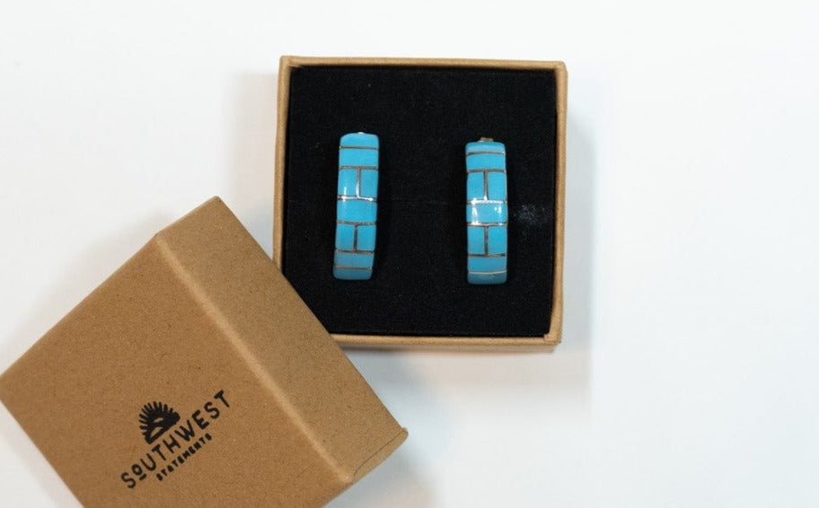 Zuni Turquoise Inlaid Half Hoop Stud Earrings