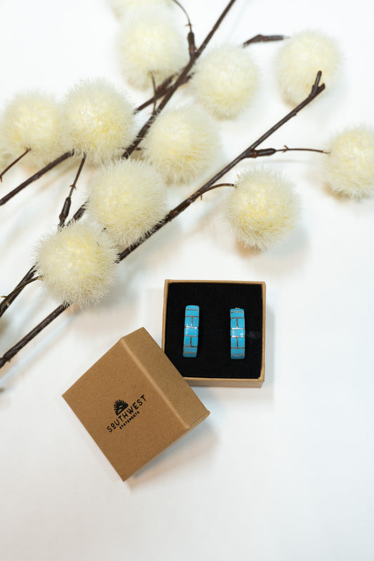 Zuni Turquoise Inlaid Half Hoop Stud Earrings