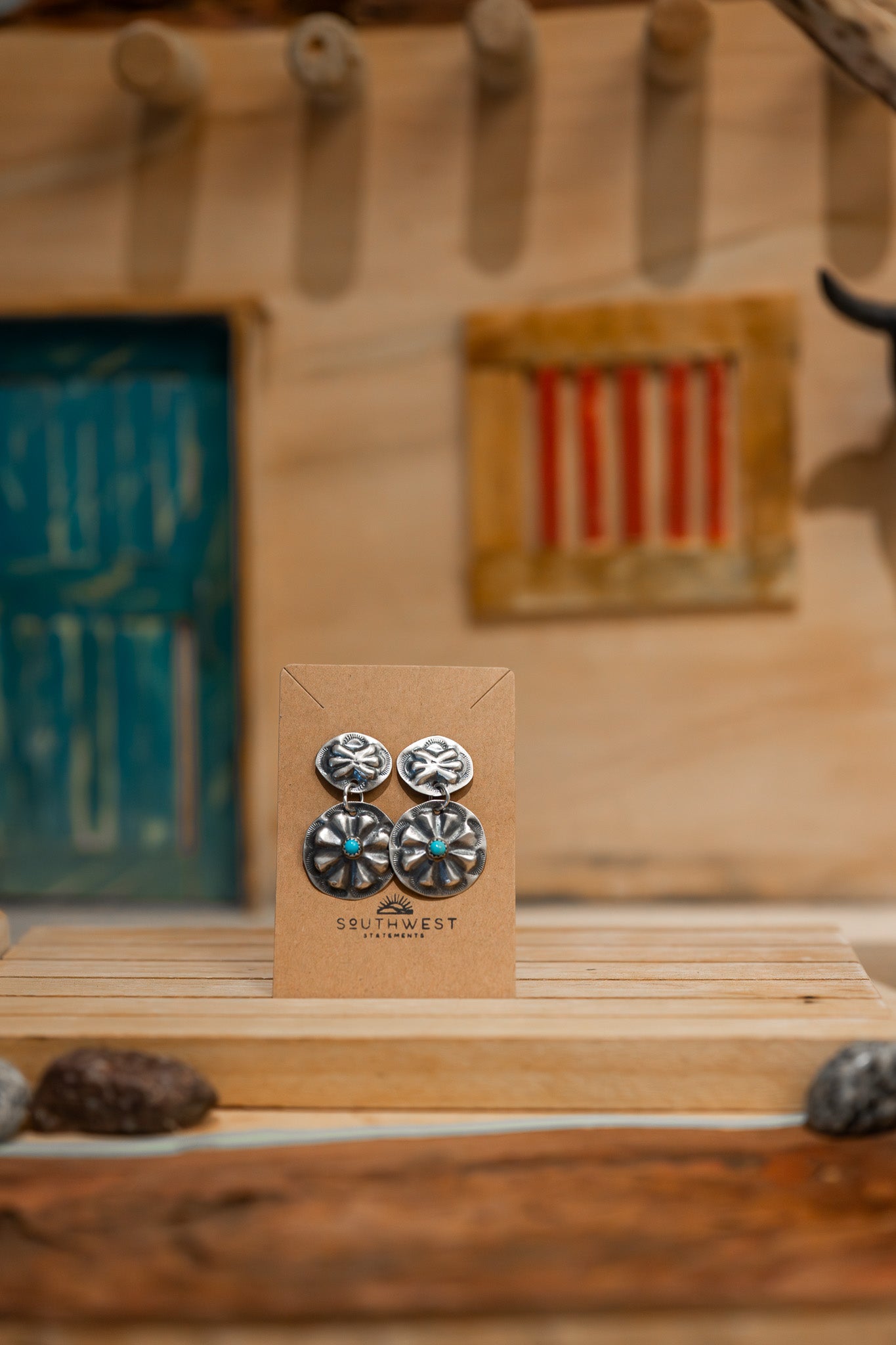 Silver stamped earrings with turquoise