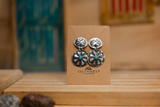 Silver stamped earrings with turquoise