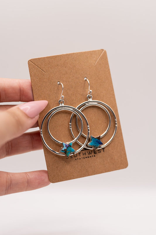 Silver Hoop and Turquoise Star Earrings