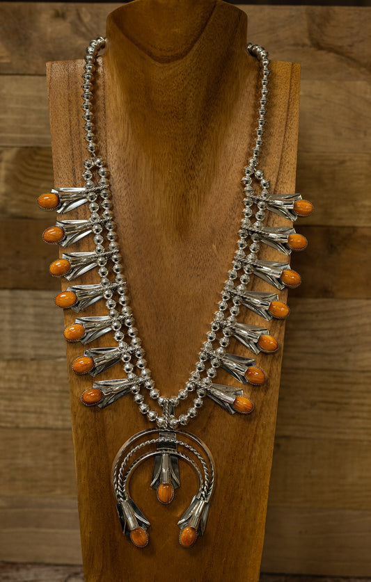 Spiny Oyster Squash Blossom Necklace and Earring Set by Louisse Yazzie