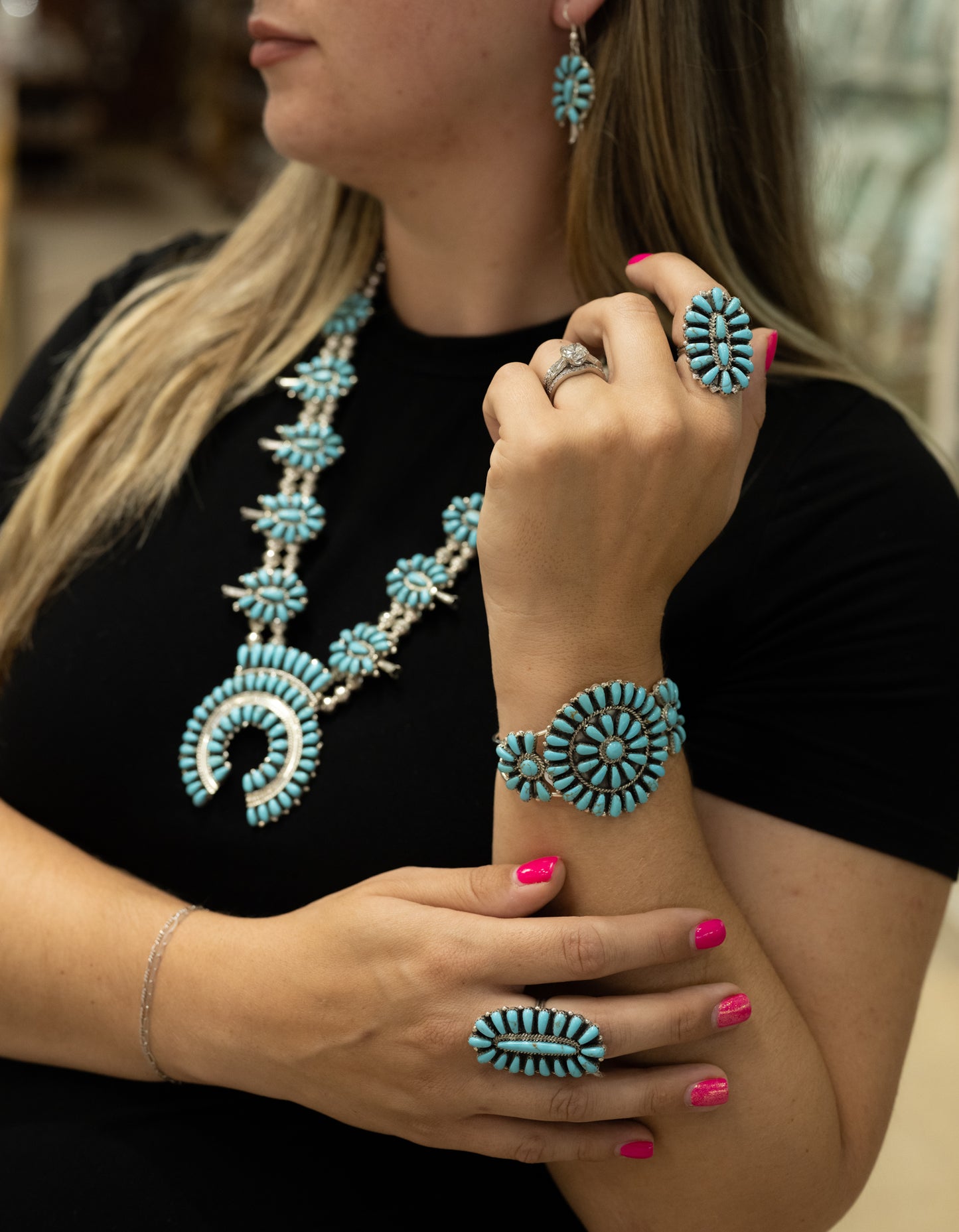 Handmade Navajo Turquoise Squash Blossom Necklace and Earrings Set