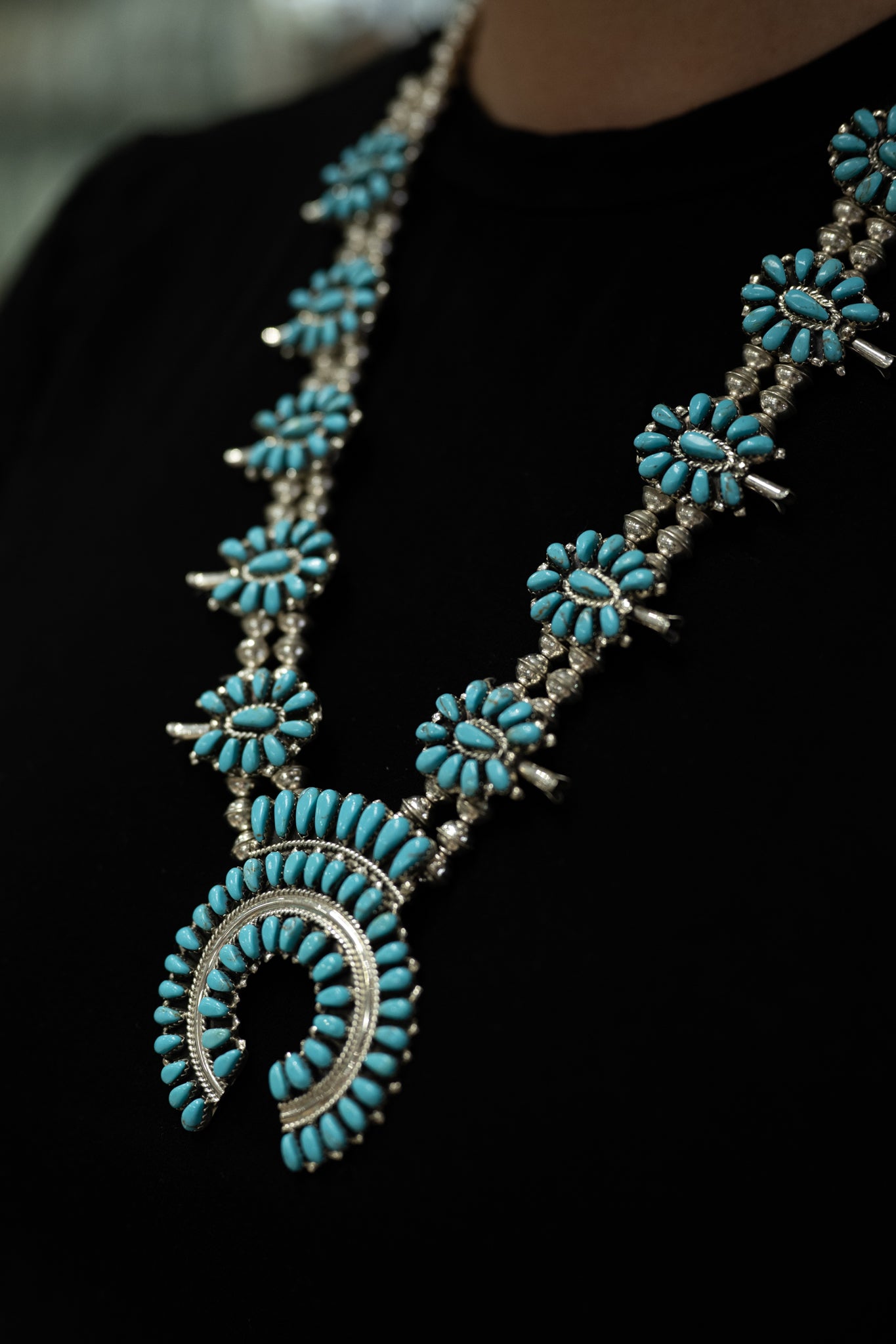 Handmade Navajo Turquoise Squash Blossom Necklace and Earrings Set