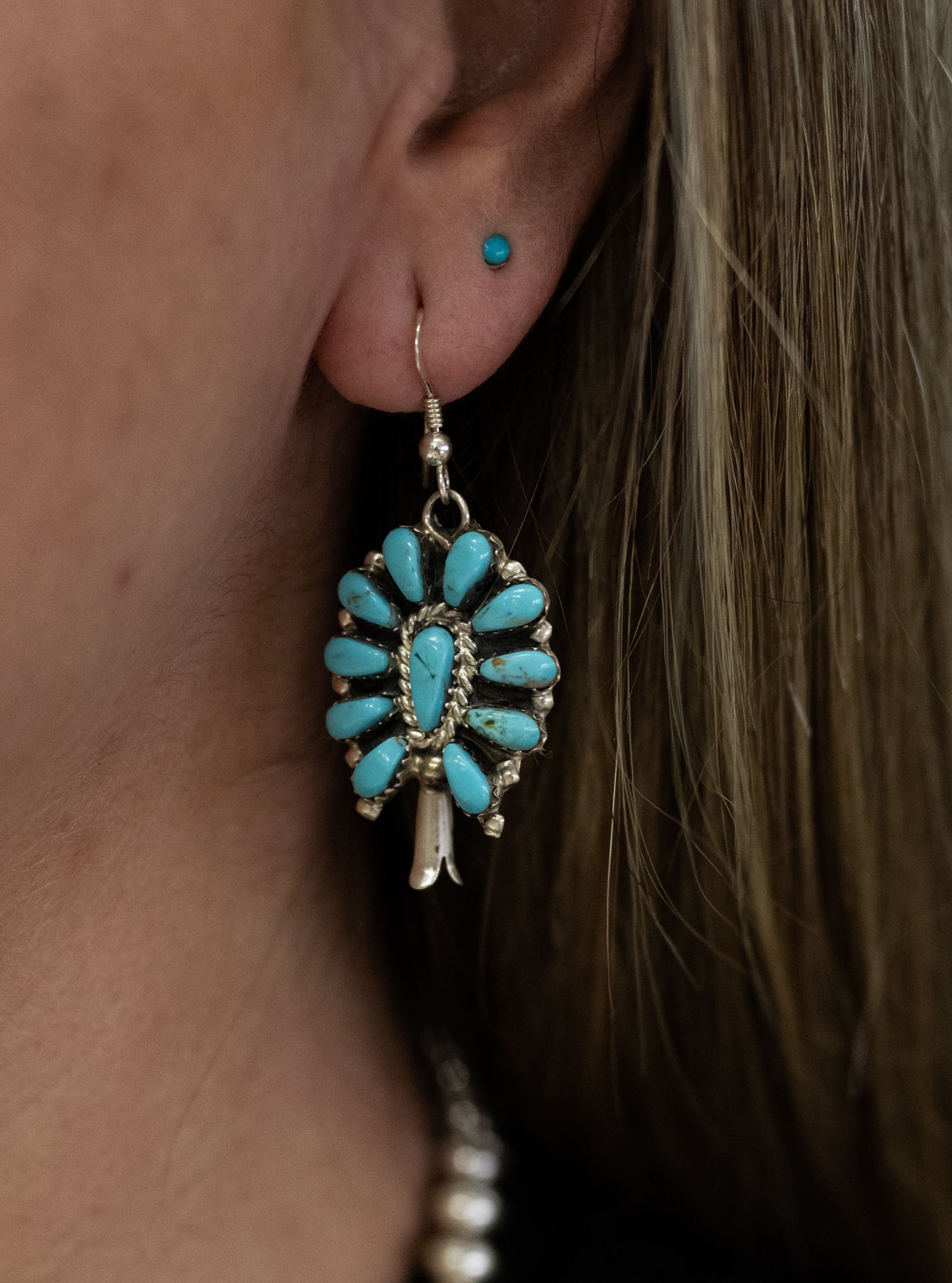 Handmade Navajo Turquoise Squash Blossom Necklace and Earrings Set