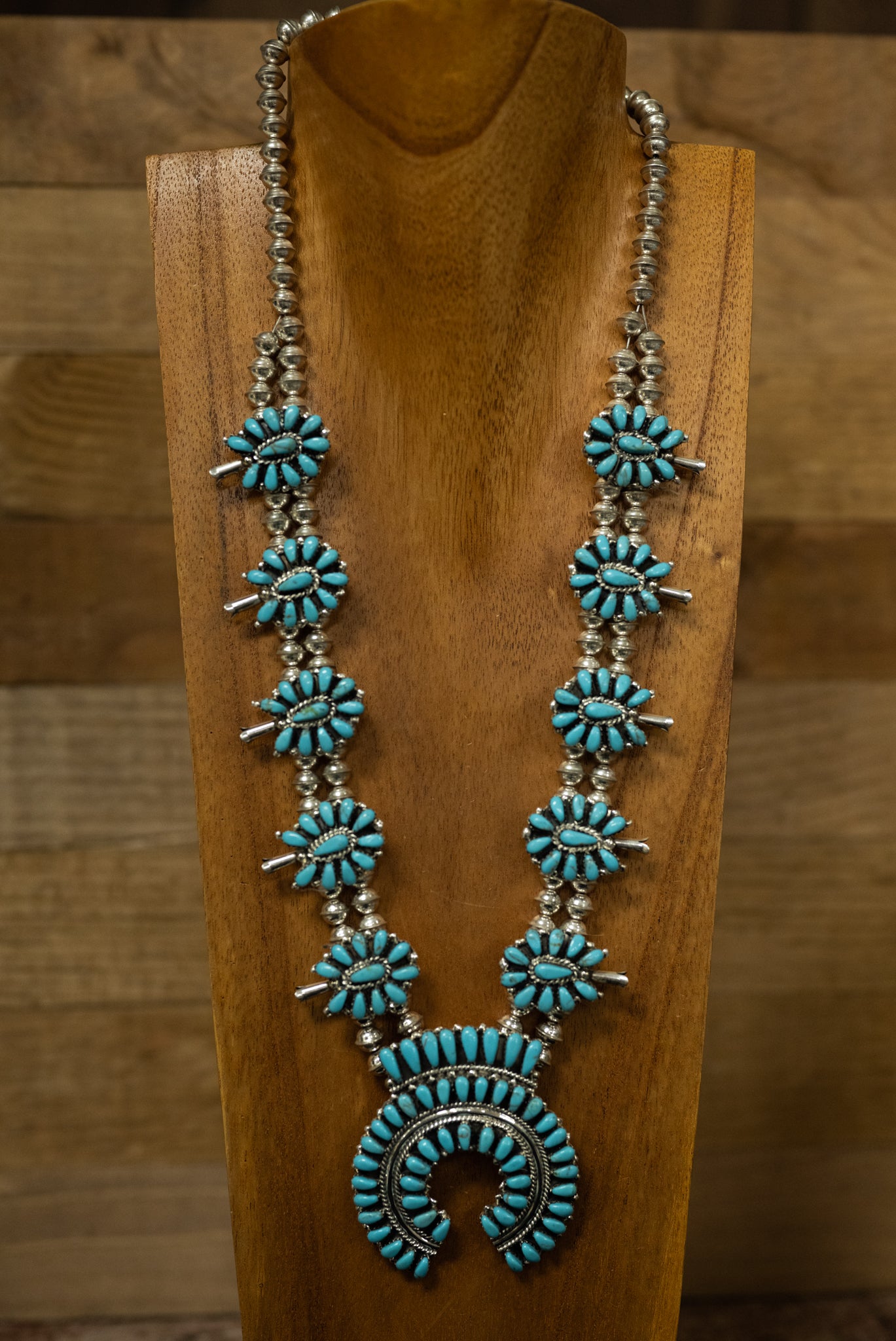 Handmade Navajo Turquoise Squash Blossom Necklace and Earrings Set