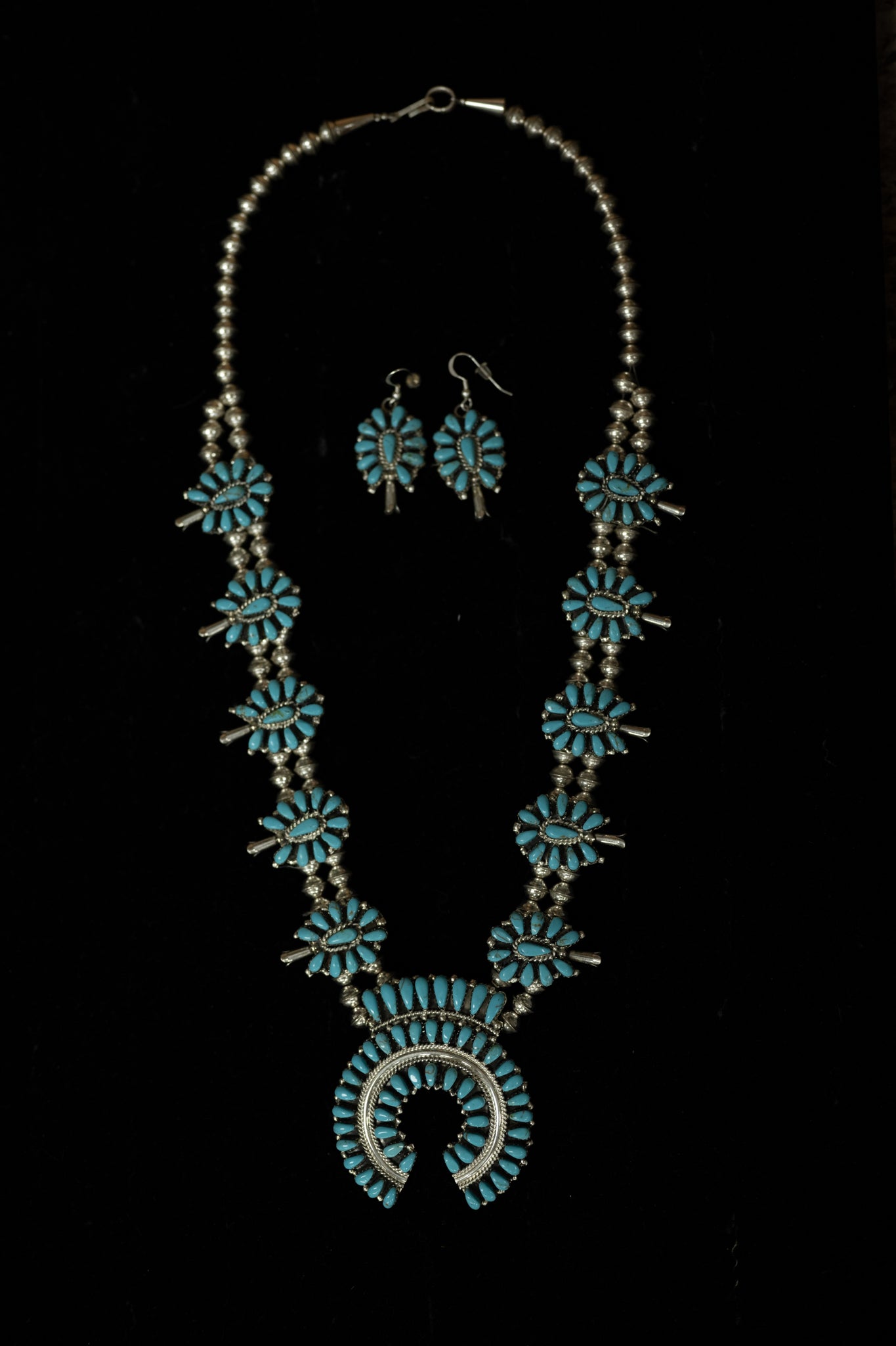 Handmade Navajo Turquoise Squash Blossom Necklace and Earrings Set