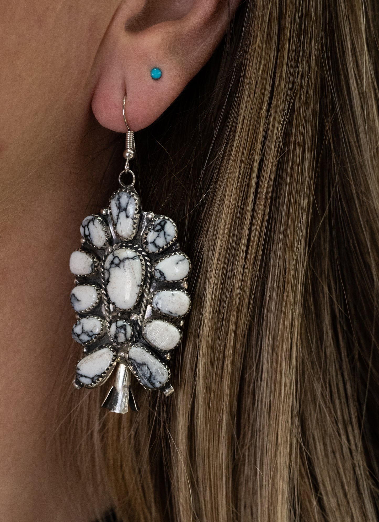 White Buffalo Squash Blossom Necklace and Earrings by Navajo Artist Jude Perry