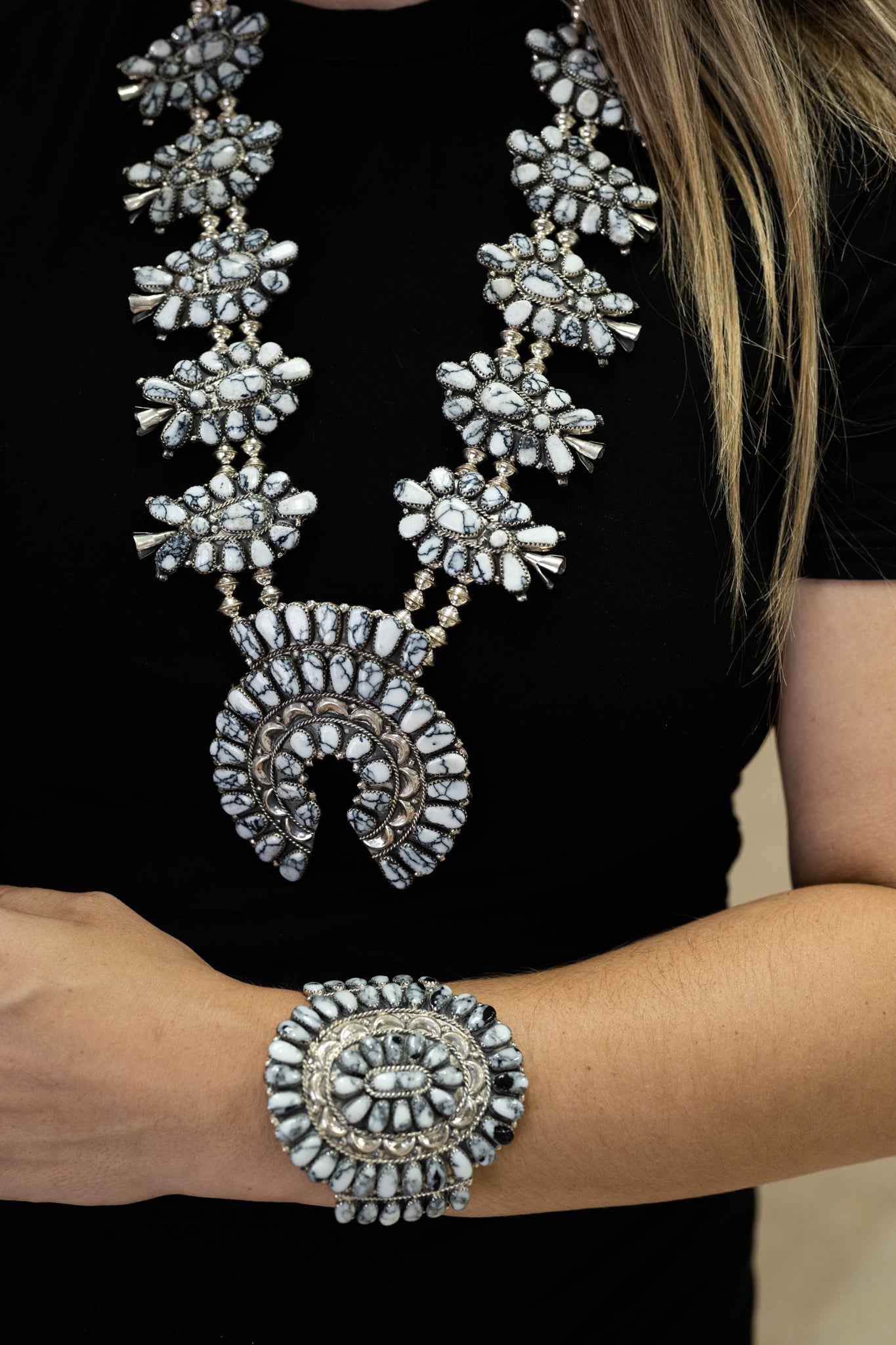 White Buffalo Squash Blossom Necklace and Earrings by Navajo Artist Jude Perry