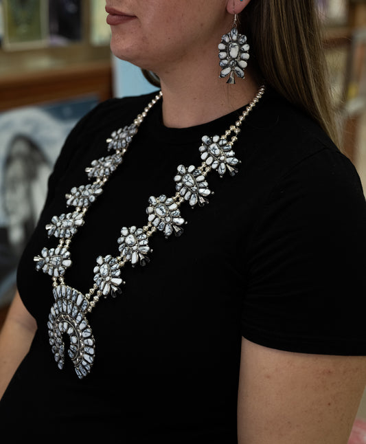 White Buffalo Squash Blossom Necklace and Earrings by Navajo Artist Jude Perry