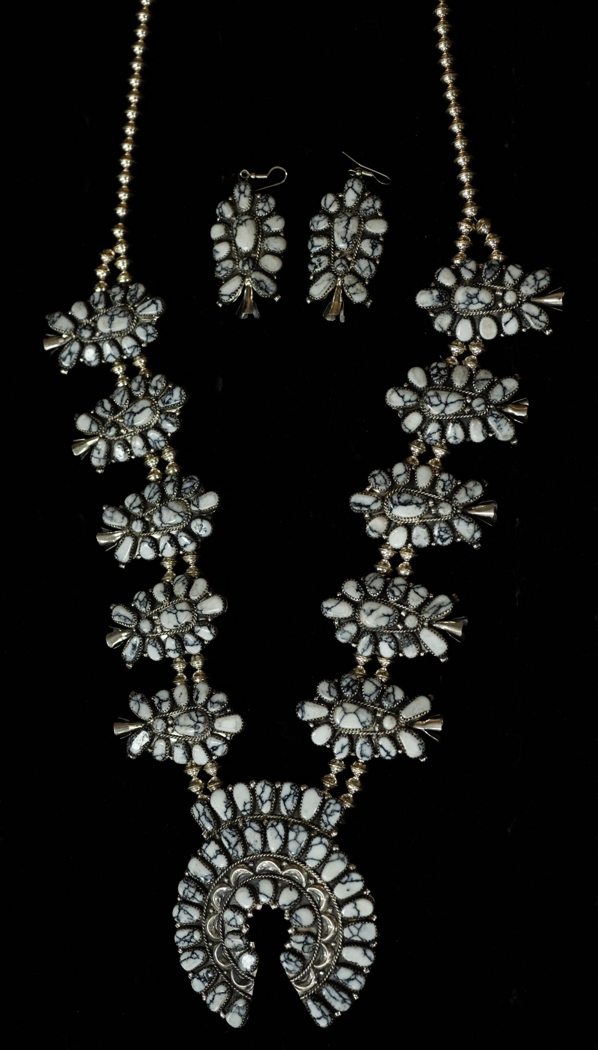 White Buffalo Squash Blossom Necklace and Earrings by Navajo Artist Jude Perry