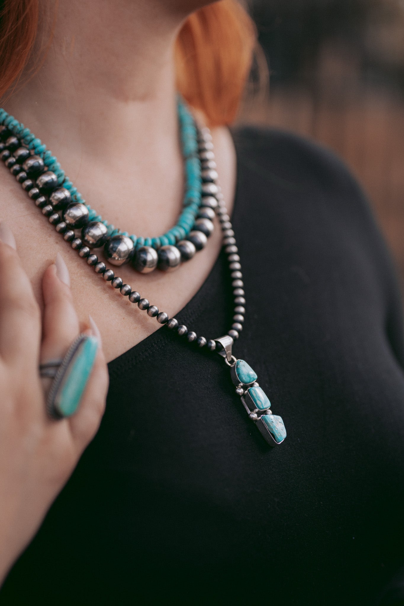 Three Stone Turquoise Pendant Necklace