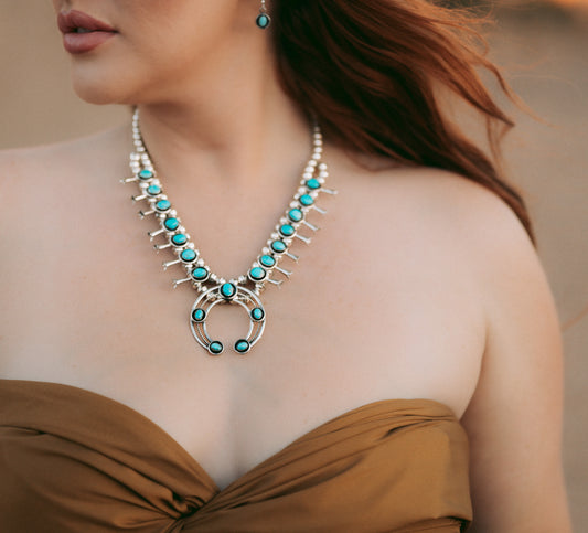 Handmade Navajo Turquoise Squash Blossom Set by Lenora Garcia with Matching Earrings