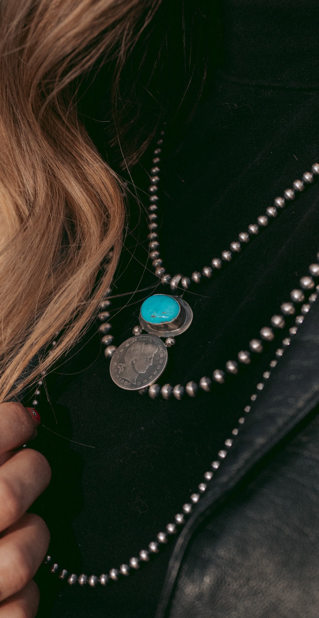 Necklace Pendant with Vintage Coin and Kingman Turquoise