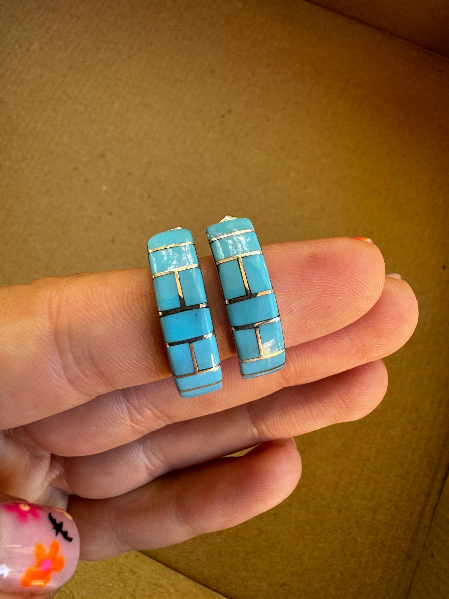 Zuni Turquoise Inlaid Half Hoop Stud Earrings