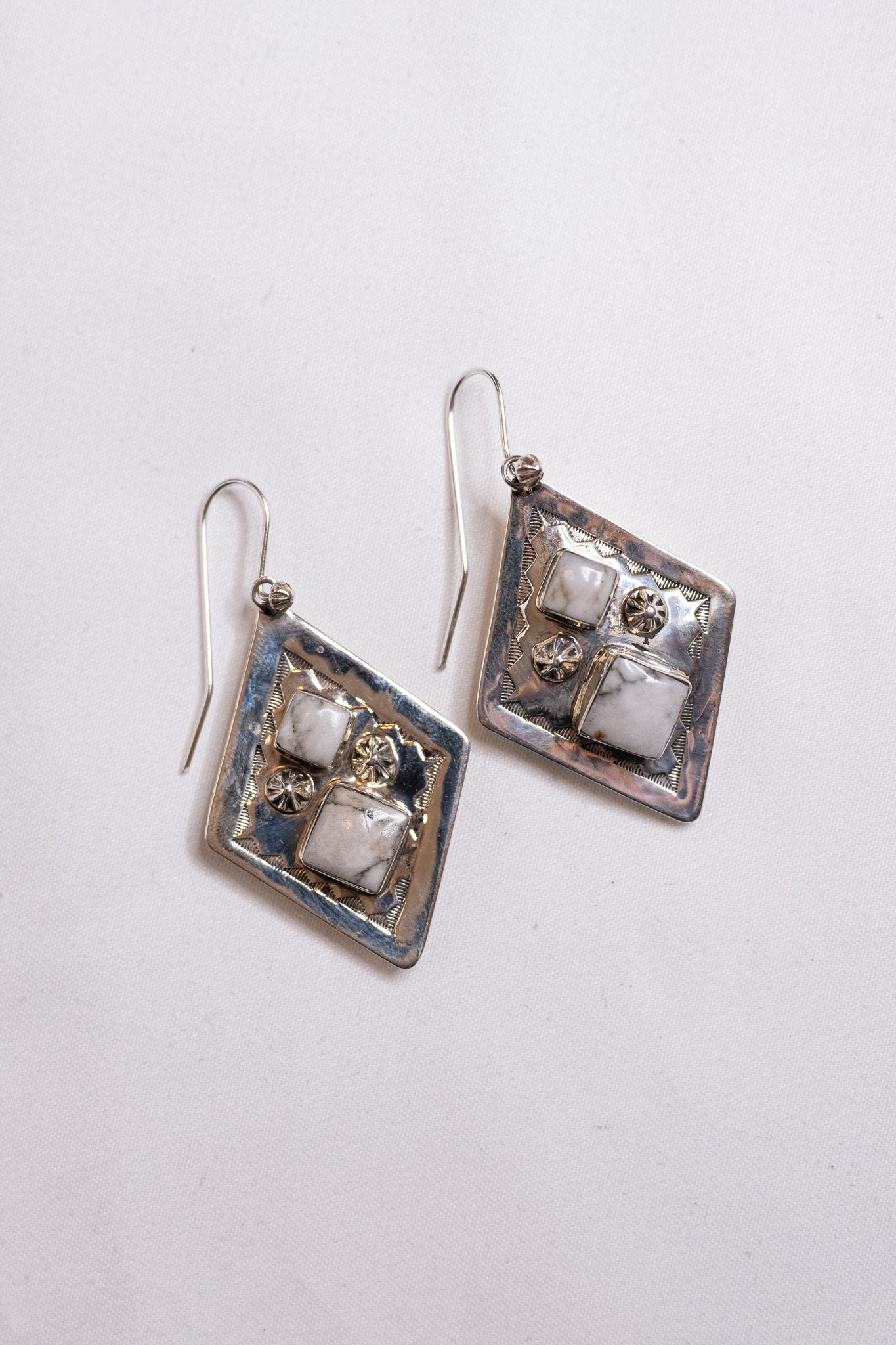 Hand Stamped Diamond Shaped Earrings with White Buffalo