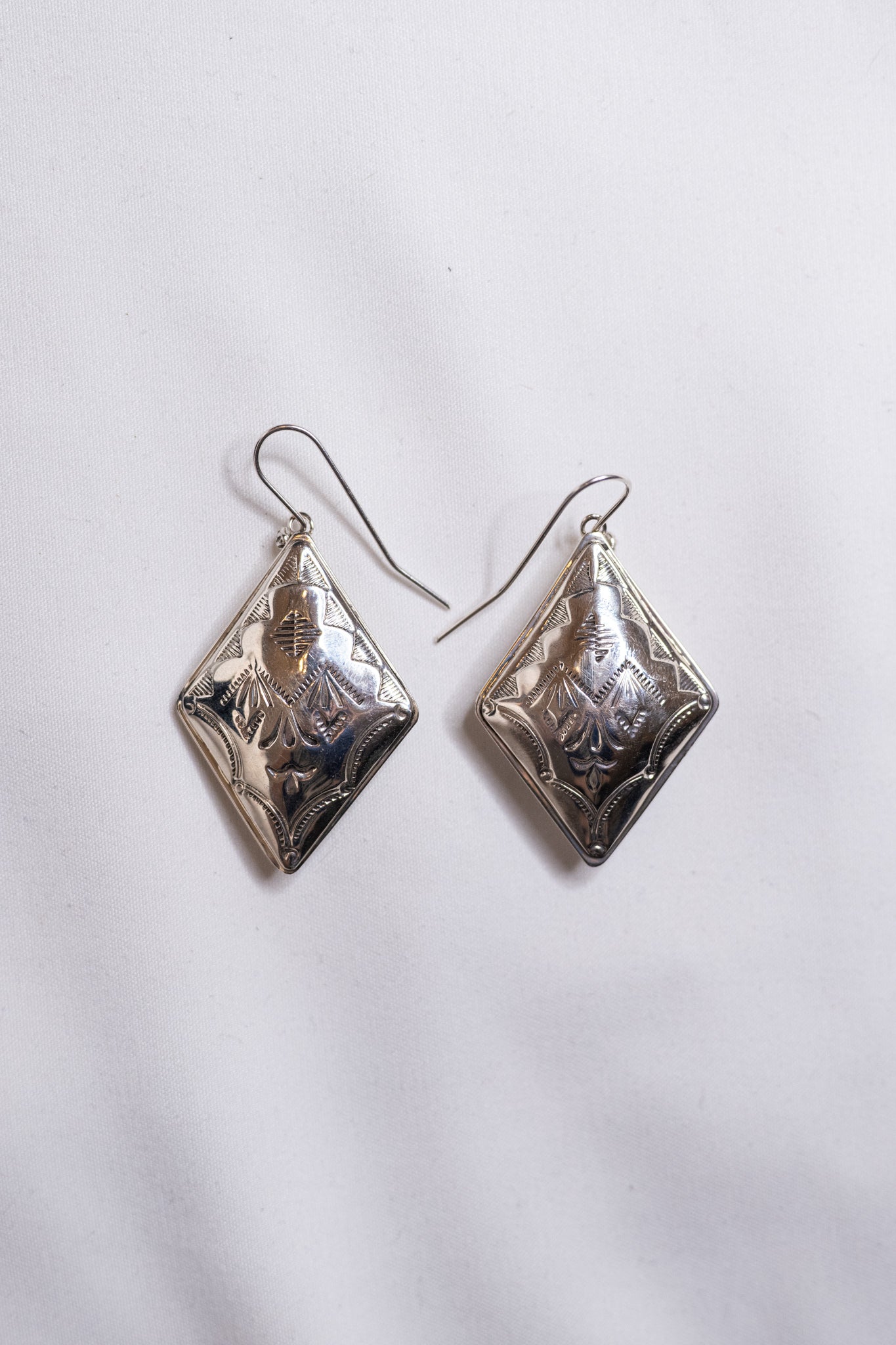 Hand Stamped Diamond Shaped Earrings with White Buffalo