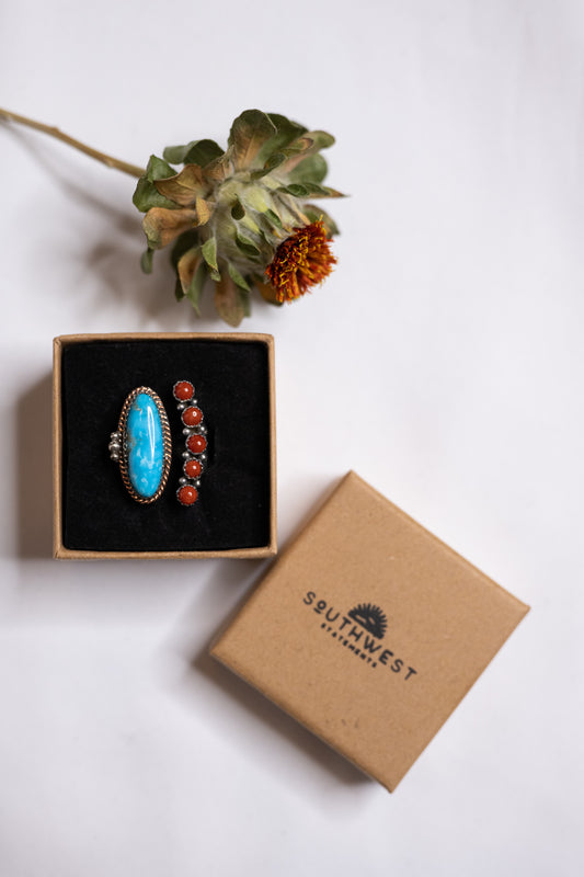 Turquoise and Red Coral Wrap Ring | Adjustable