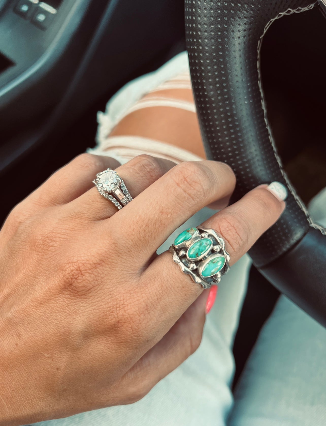 Three Stone Turquoise and Silver Ring | size 8