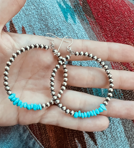 Navajo Pearl and Turquoise Hoop Earrings