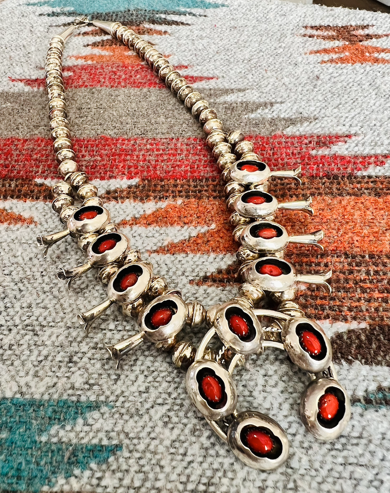 Mini Navajo Squash Blossom Necklace with Coral Set