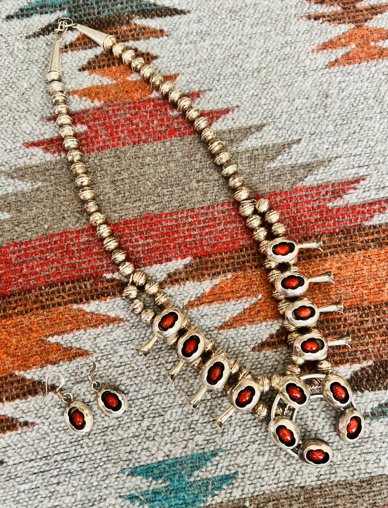 Mini Navajo Squash Blossom Necklace with Coral Set