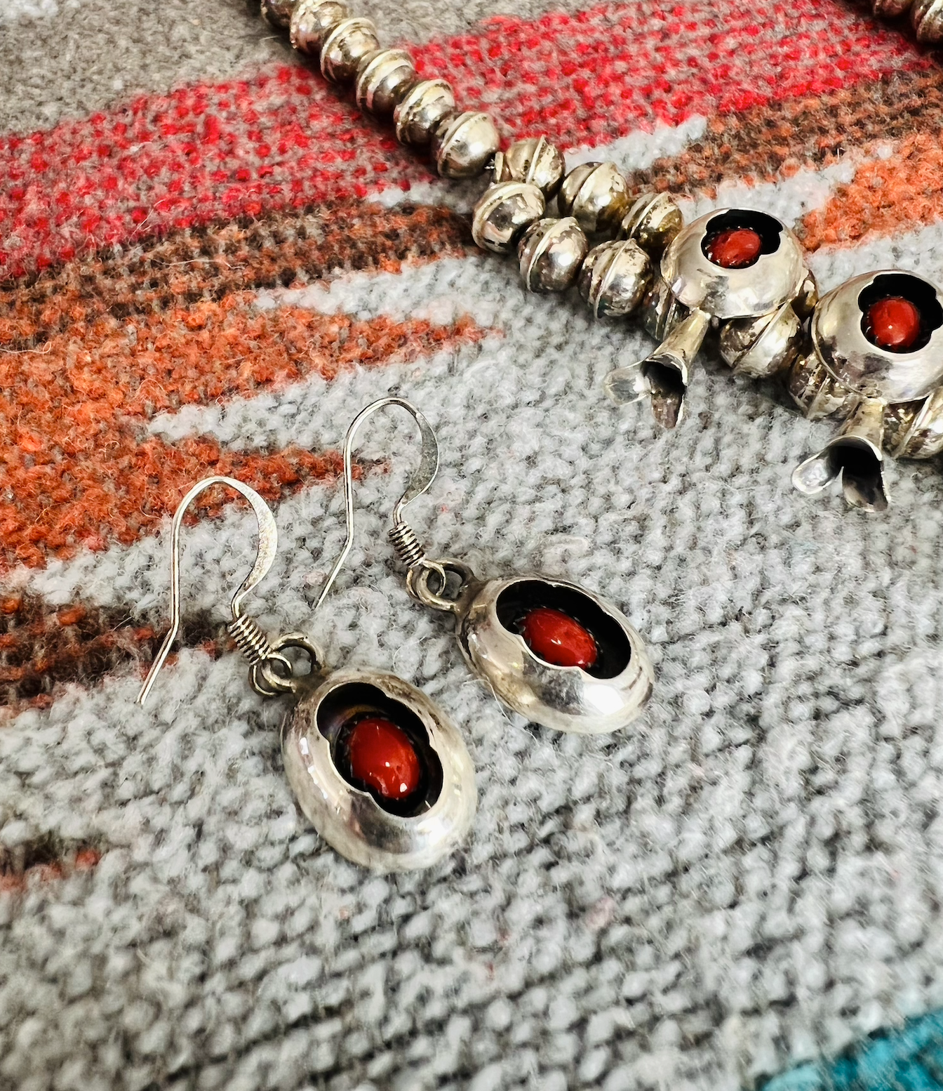 Mini Navajo Squash Blossom Necklace with Coral Set