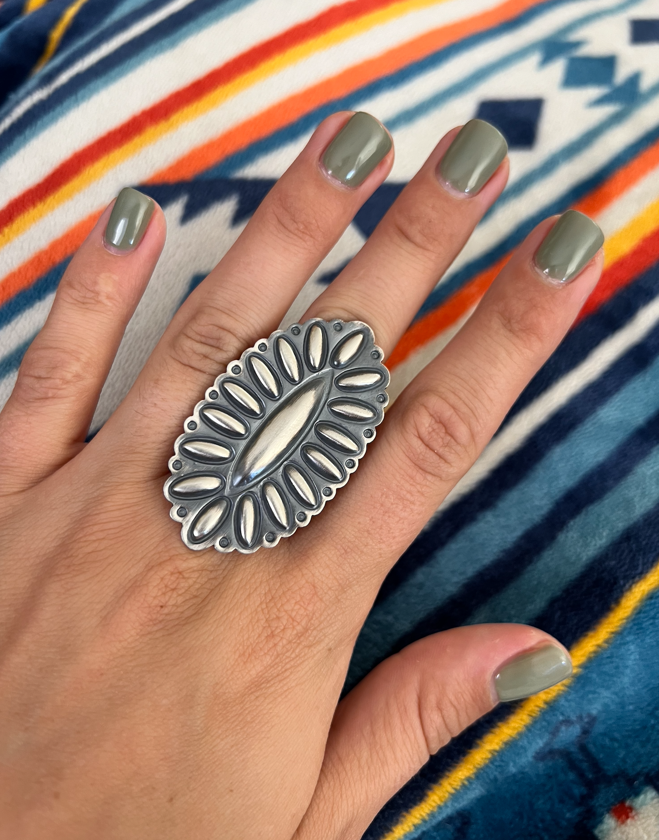 Navajo Sterling Silver Concho Hand Stamped Ring | Size 8