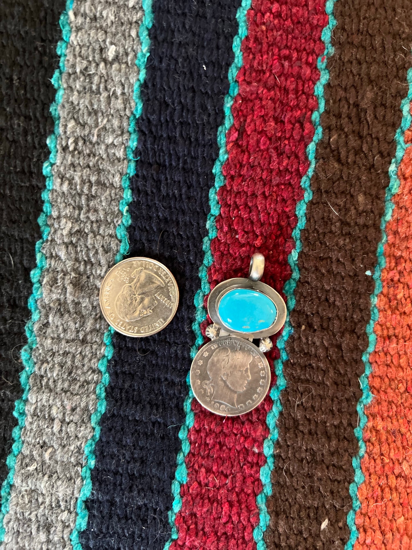 Necklace Pendant with Vintage Coin and Kingman Turquoise