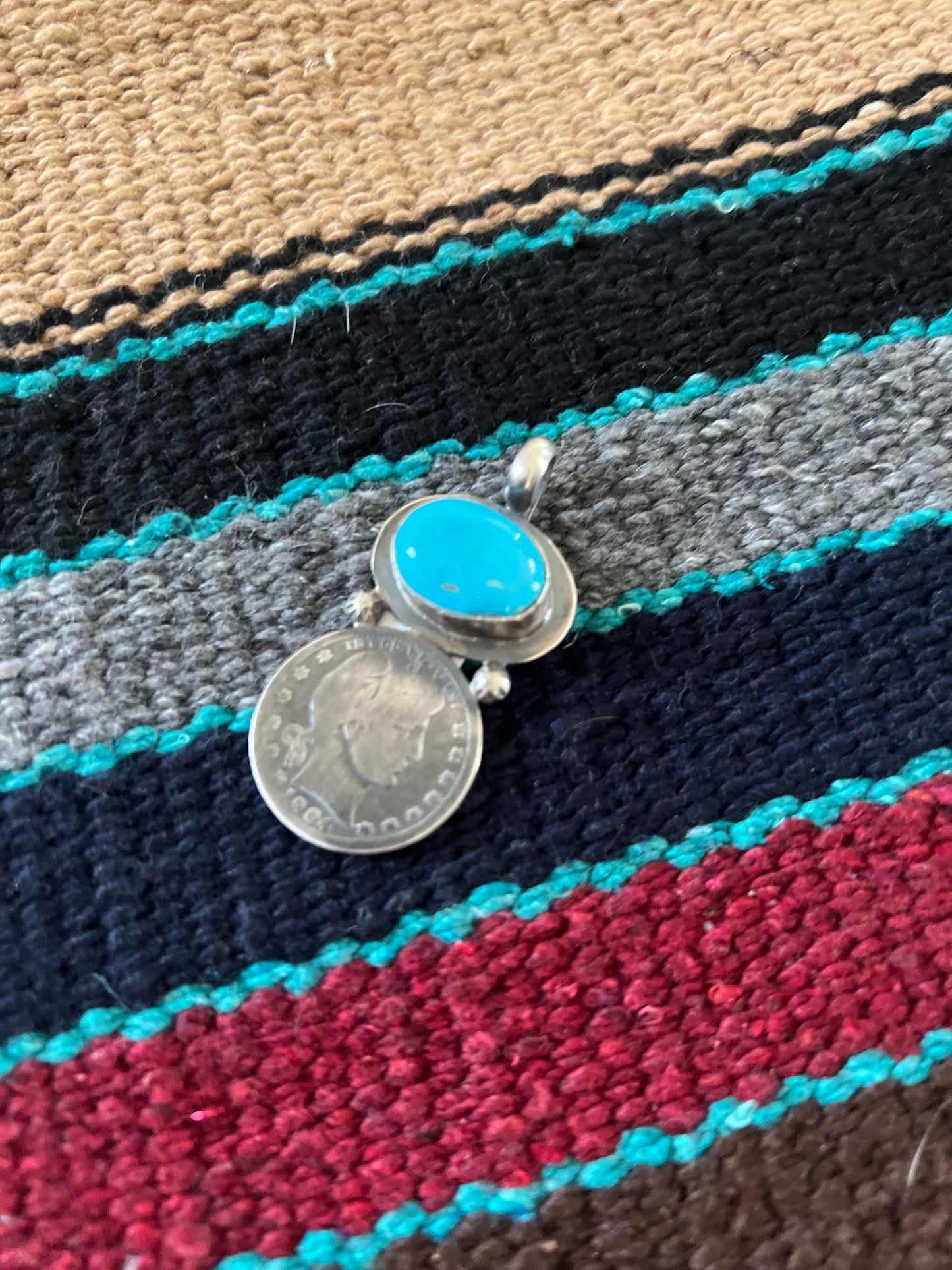 Necklace Pendant with Vintage Coin and Kingman Turquoise