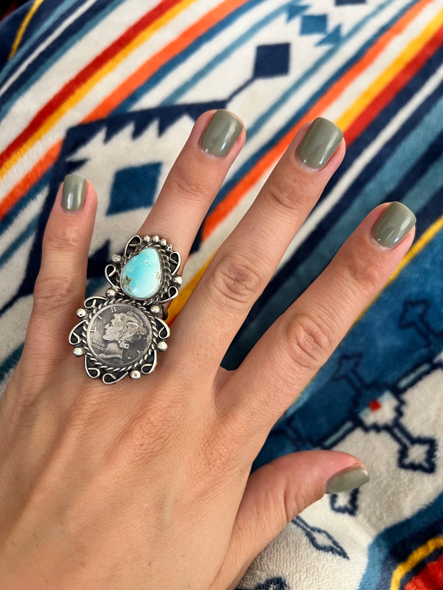 Vintage Coin Ring with Turquoise