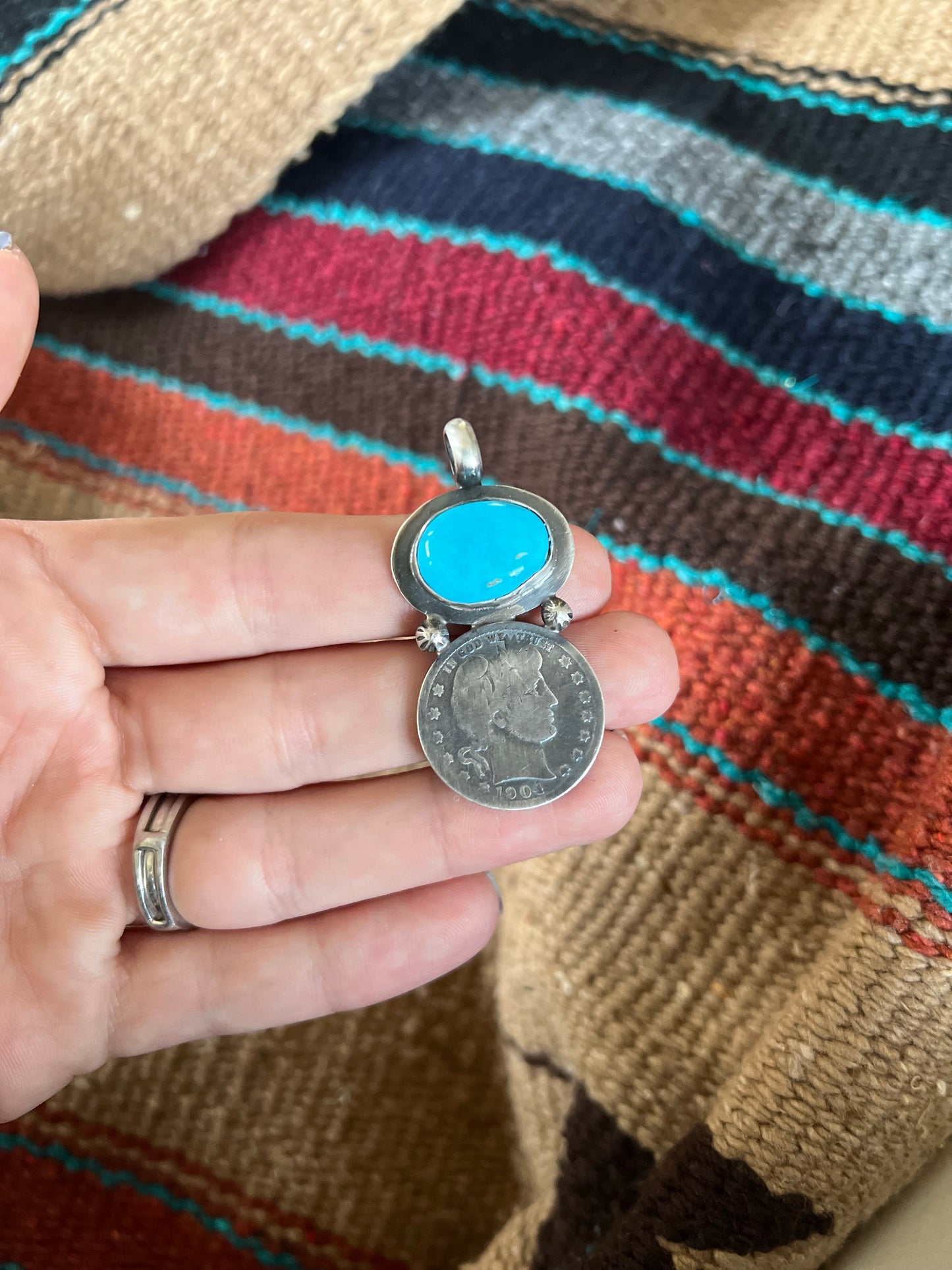 Necklace Pendant with Vintage Coin and Kingman Turquoise